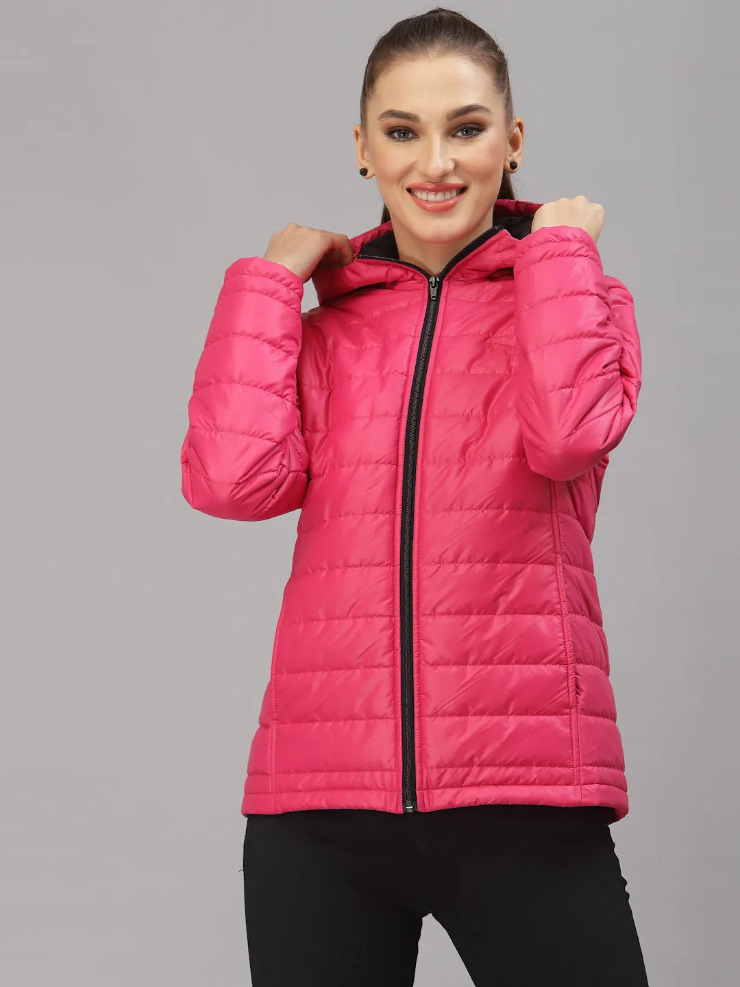 JUMP USA Women  Pink Solid Active Wear Jacket With Hood