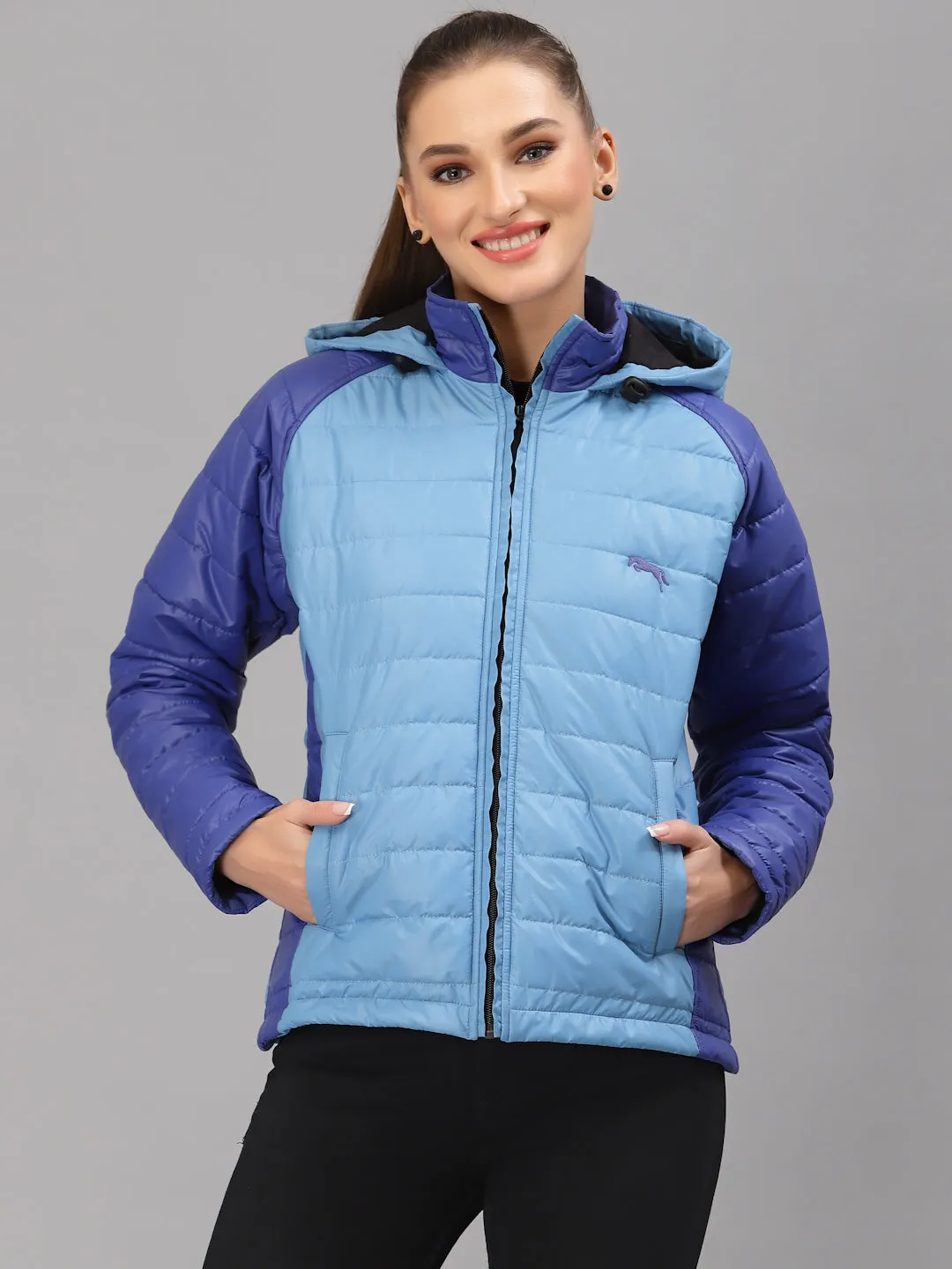 JUMP USA Women Sky Blue & Royal Blue Solid Active Wear Jacket With Hood