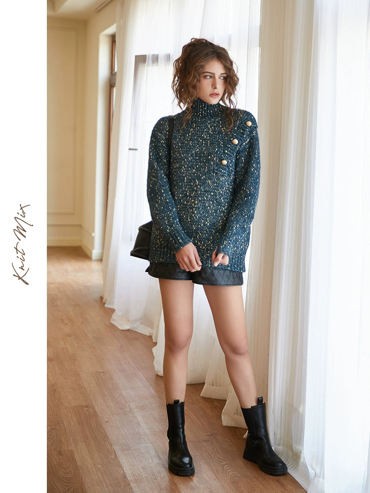 Knit Mix high collar loose lazy French sweater women's 2022 spring new pullover design sweater