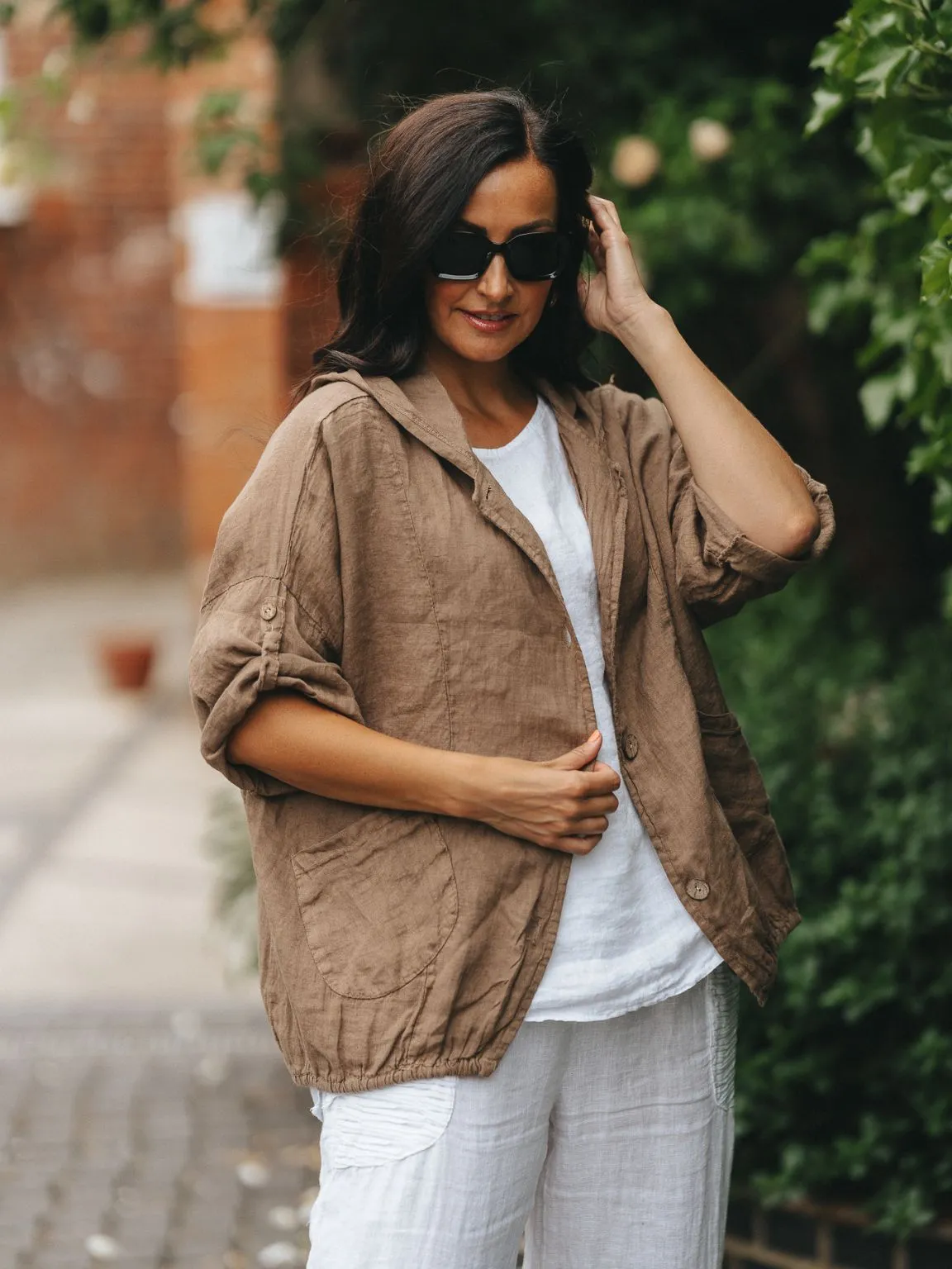 Linen Hooded Button Front Jacket