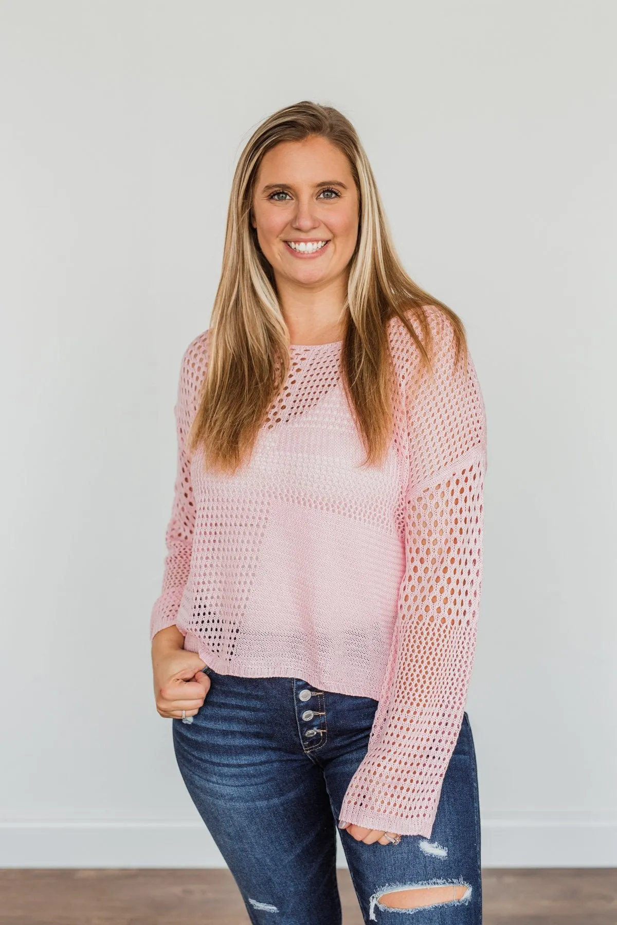 Living With Purpose Open Knit Sweater- Light Pink