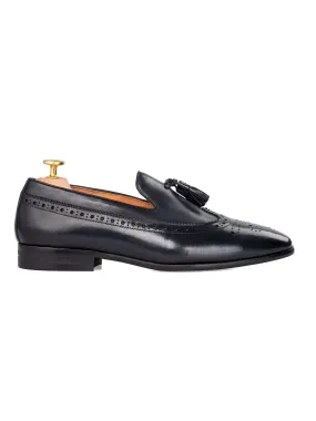 Loafer Slipper Longwing Brogue - Black Grey with Tassel (Hand Painted Patina)