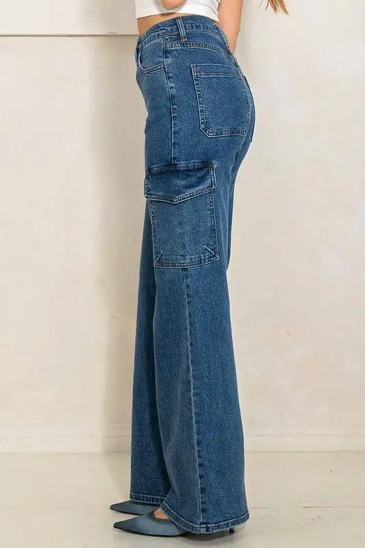 Memory High Rise Crossed Waist Cargo Wide Jeans [online exclusive]