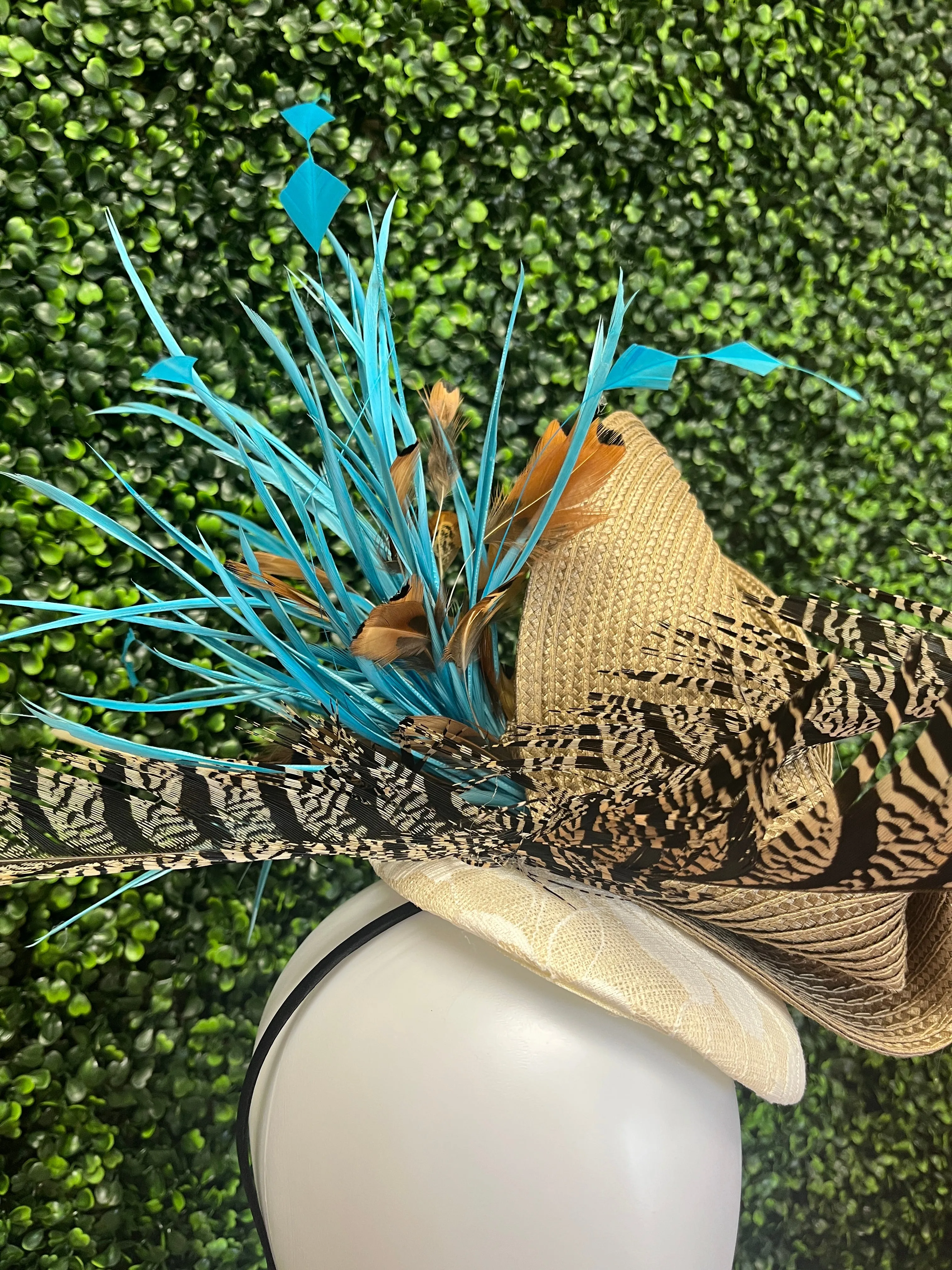 Neutral and Turquoise Pheasant Feather Fascinator Hat