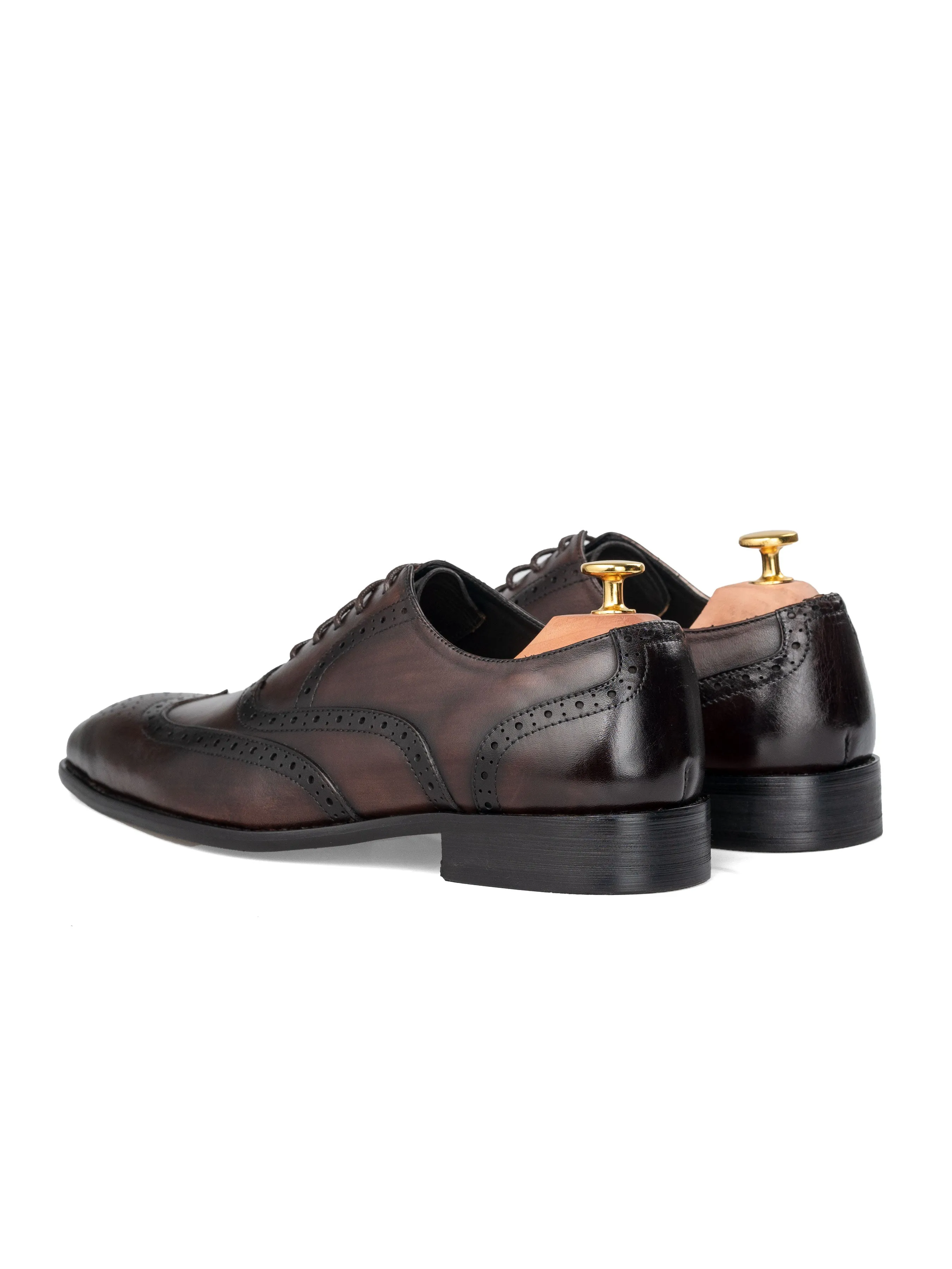 Oxford Brogue Wingtip - Dark Brown Patina Lace Up (Chisel Toe)