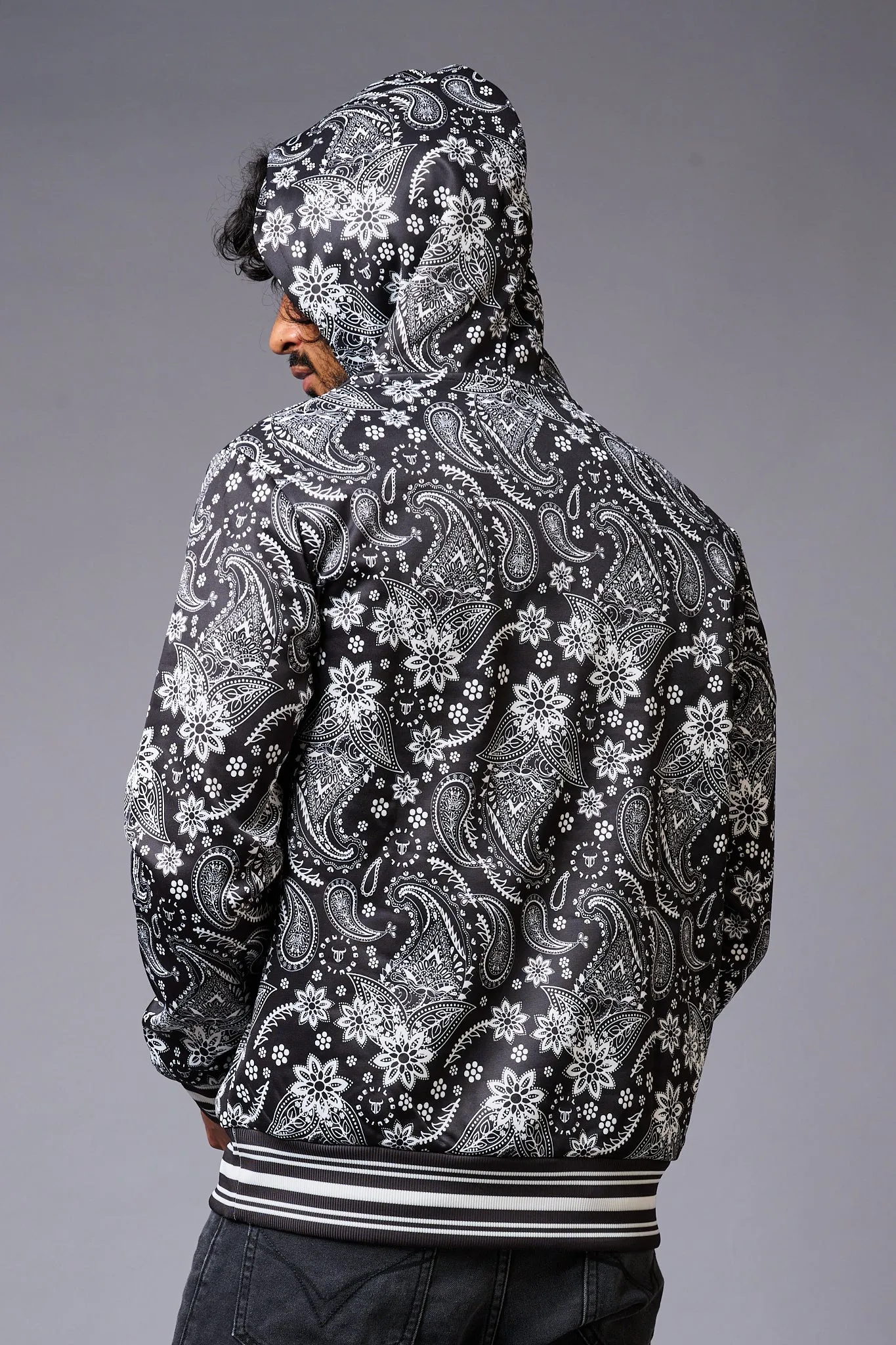 Paisely Design Printed Black Hoodie for Men