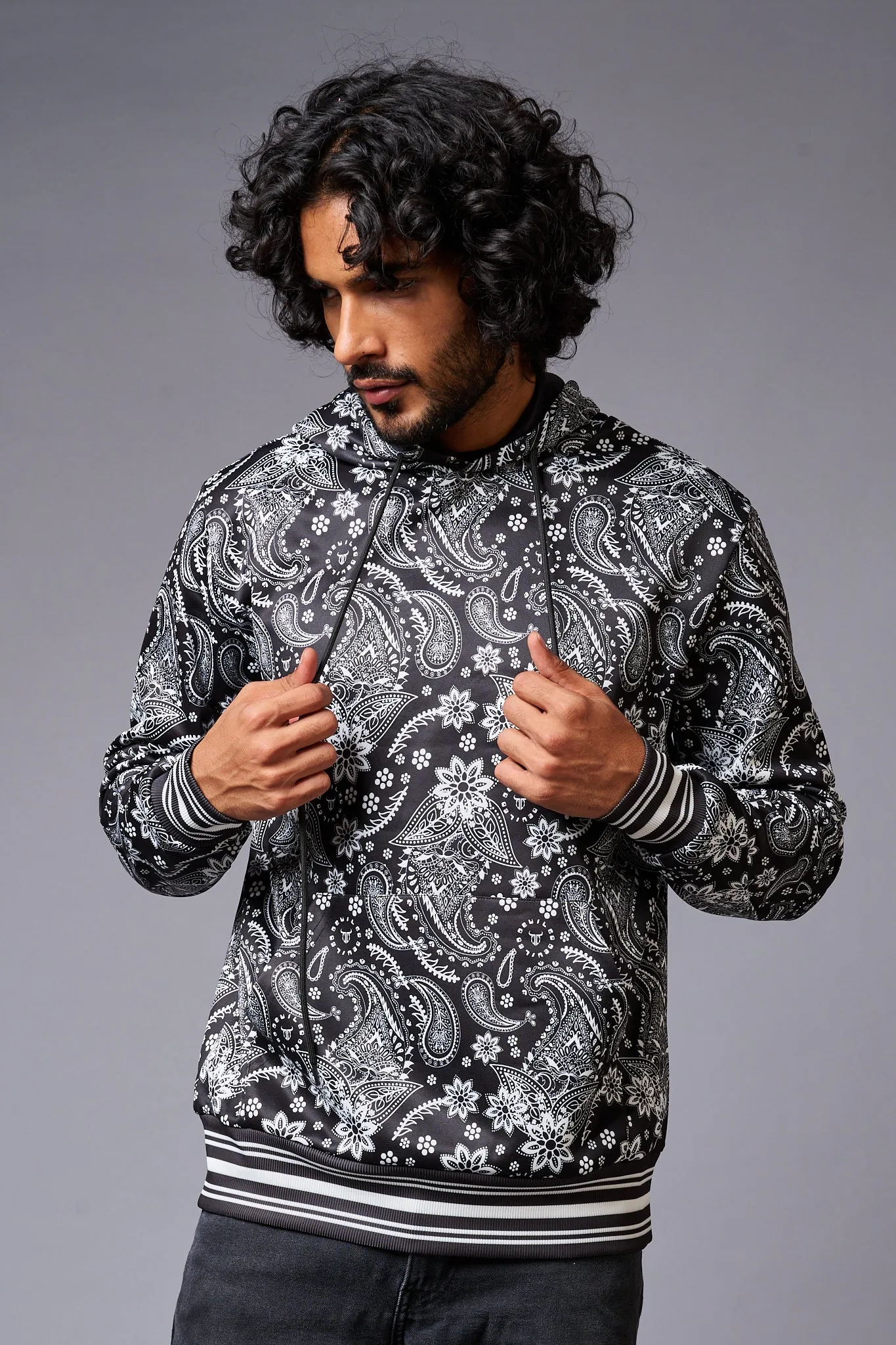 Paisely Design Printed Black Hoodie for Men