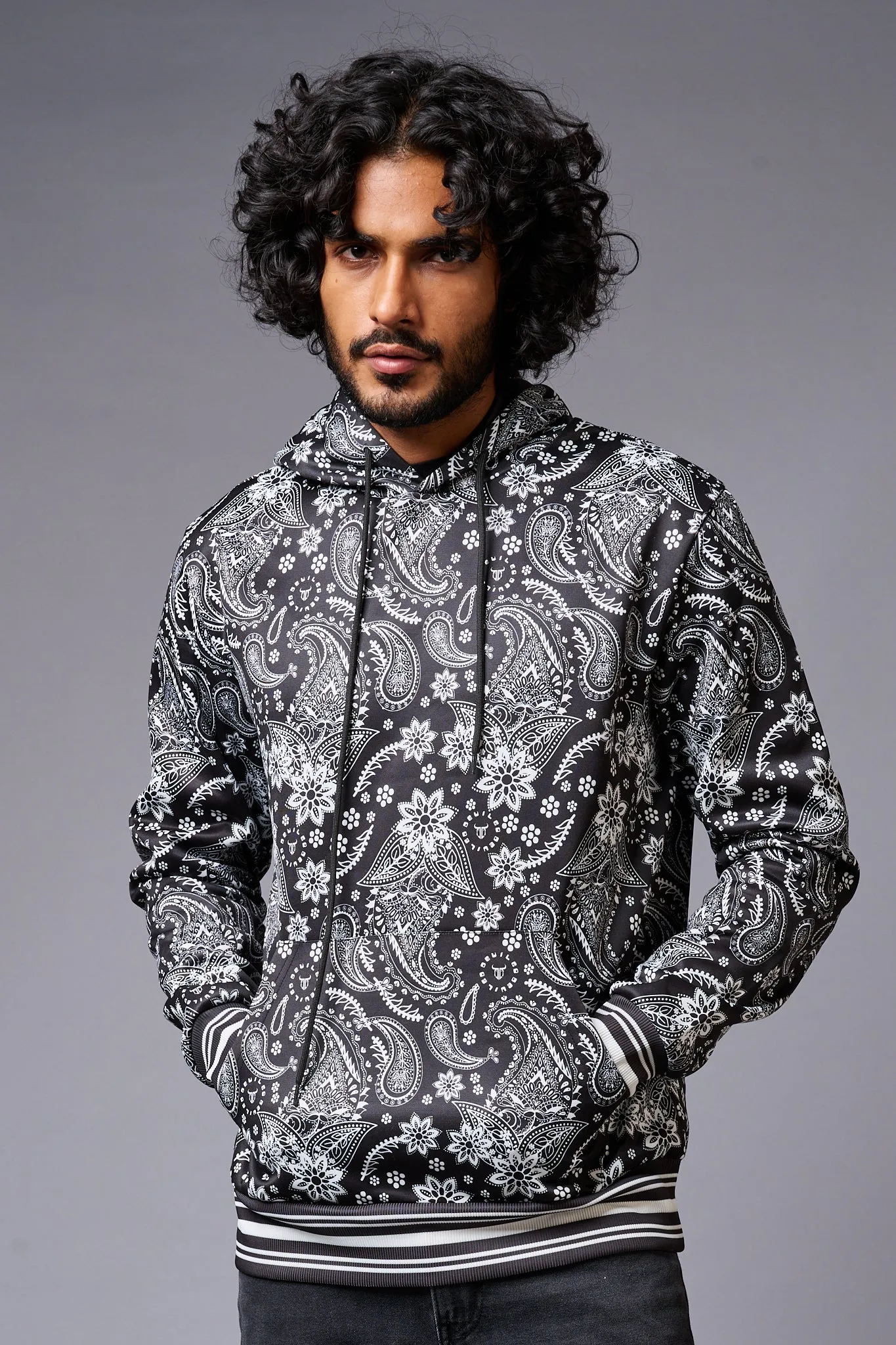 Paisely Design Printed Black Hoodie for Men