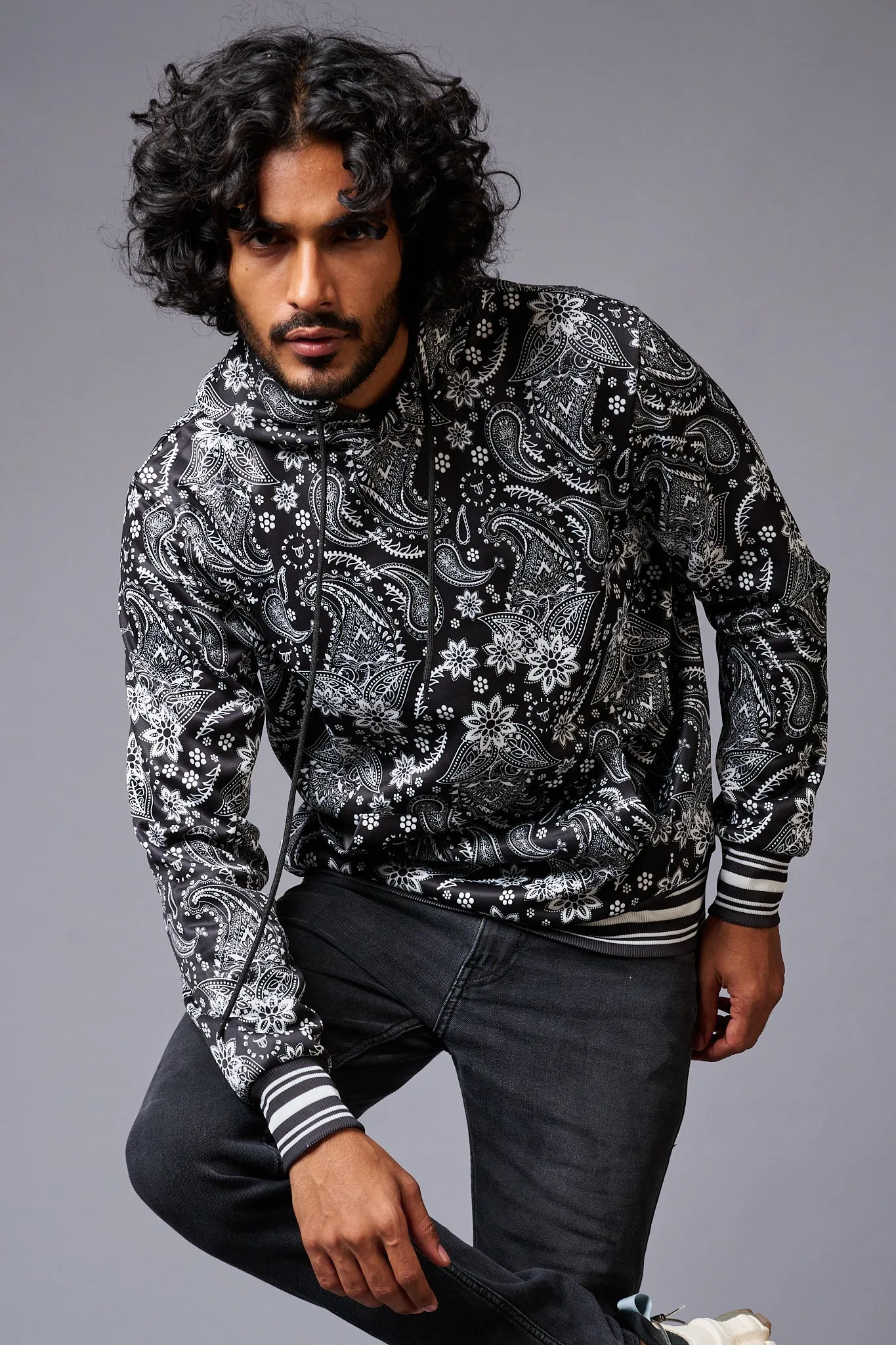 Paisely Design Printed Black Hoodie for Men