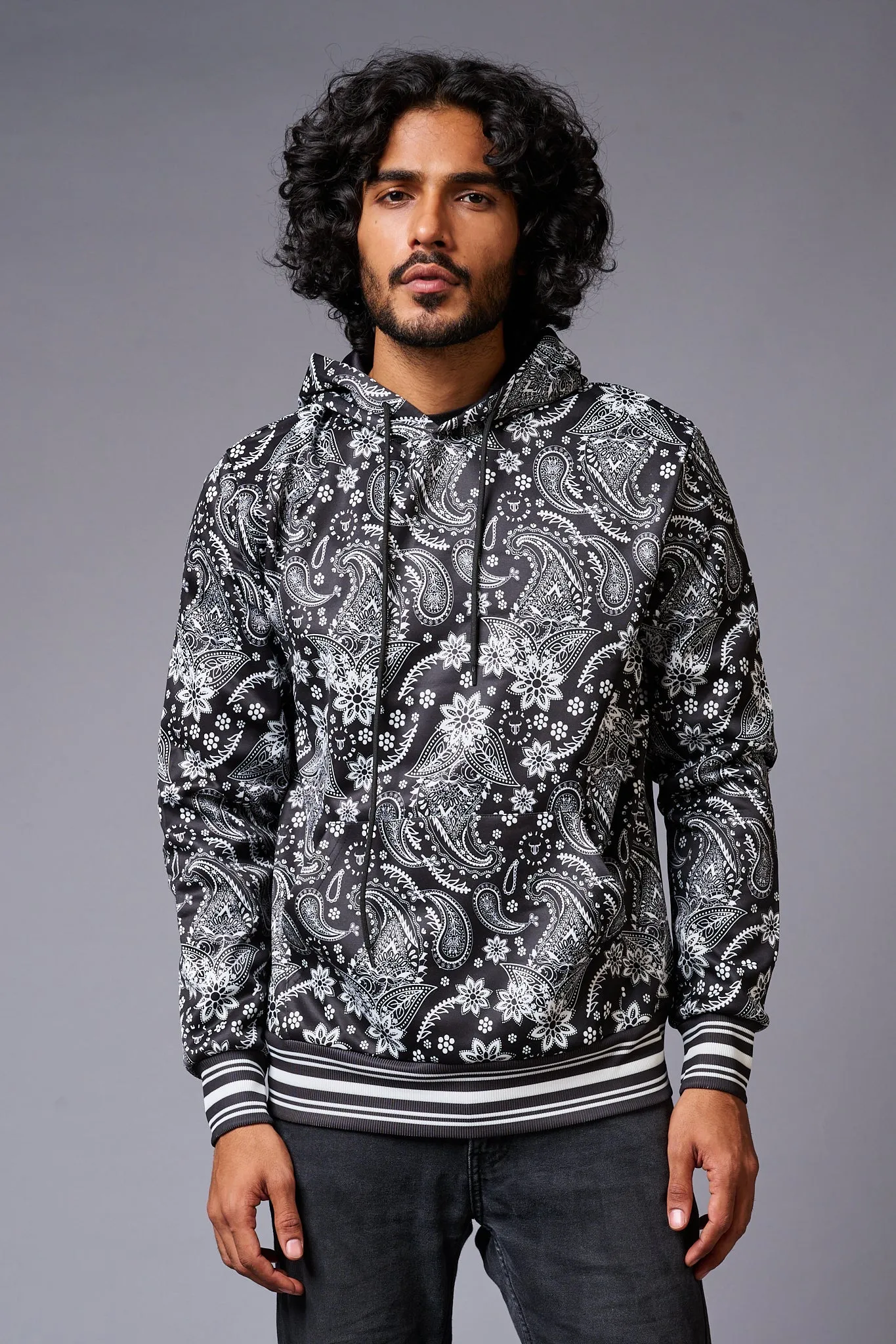 Paisely Design Printed Black Hoodie for Men