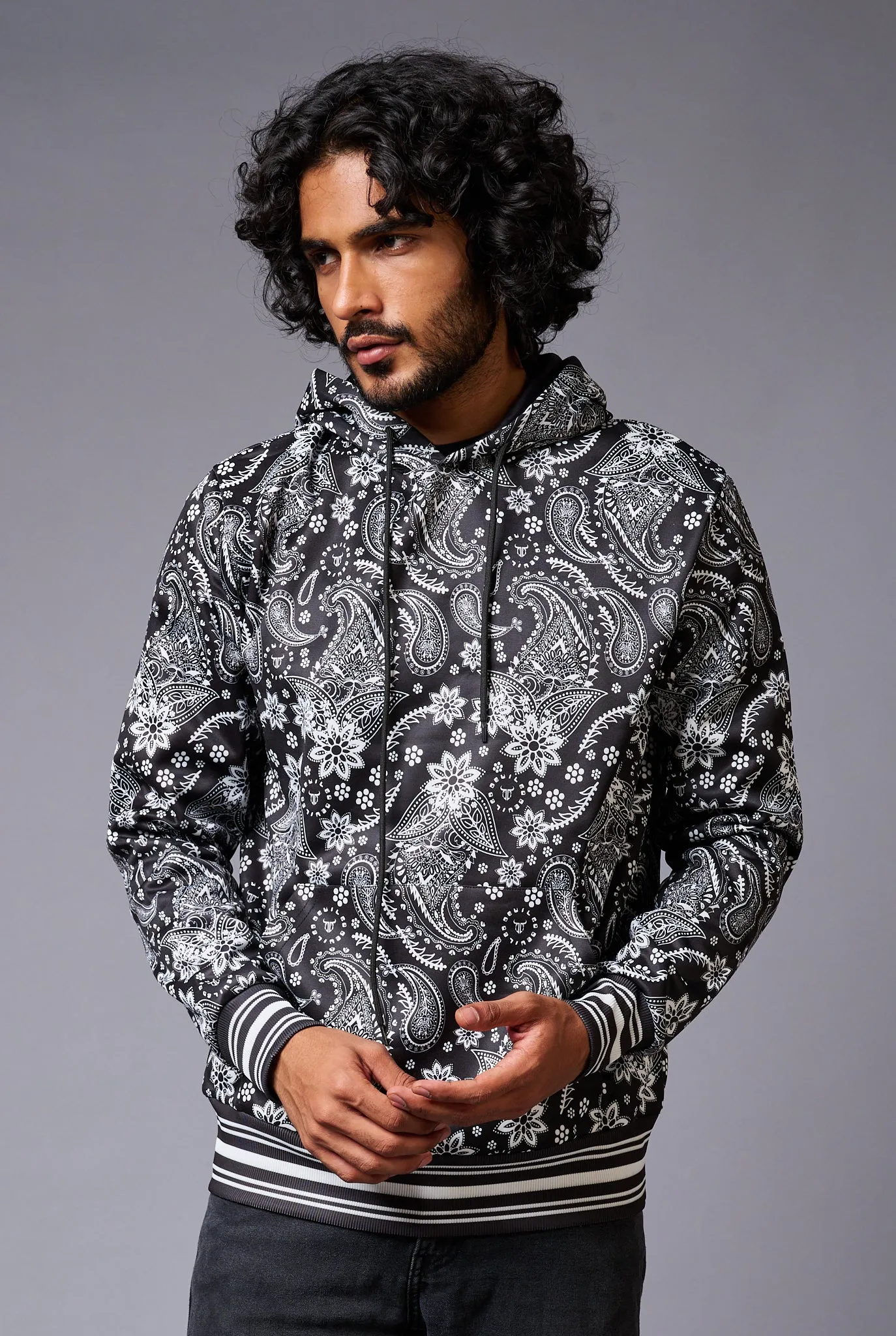 Paisely Design Printed Black Hoodie for Men