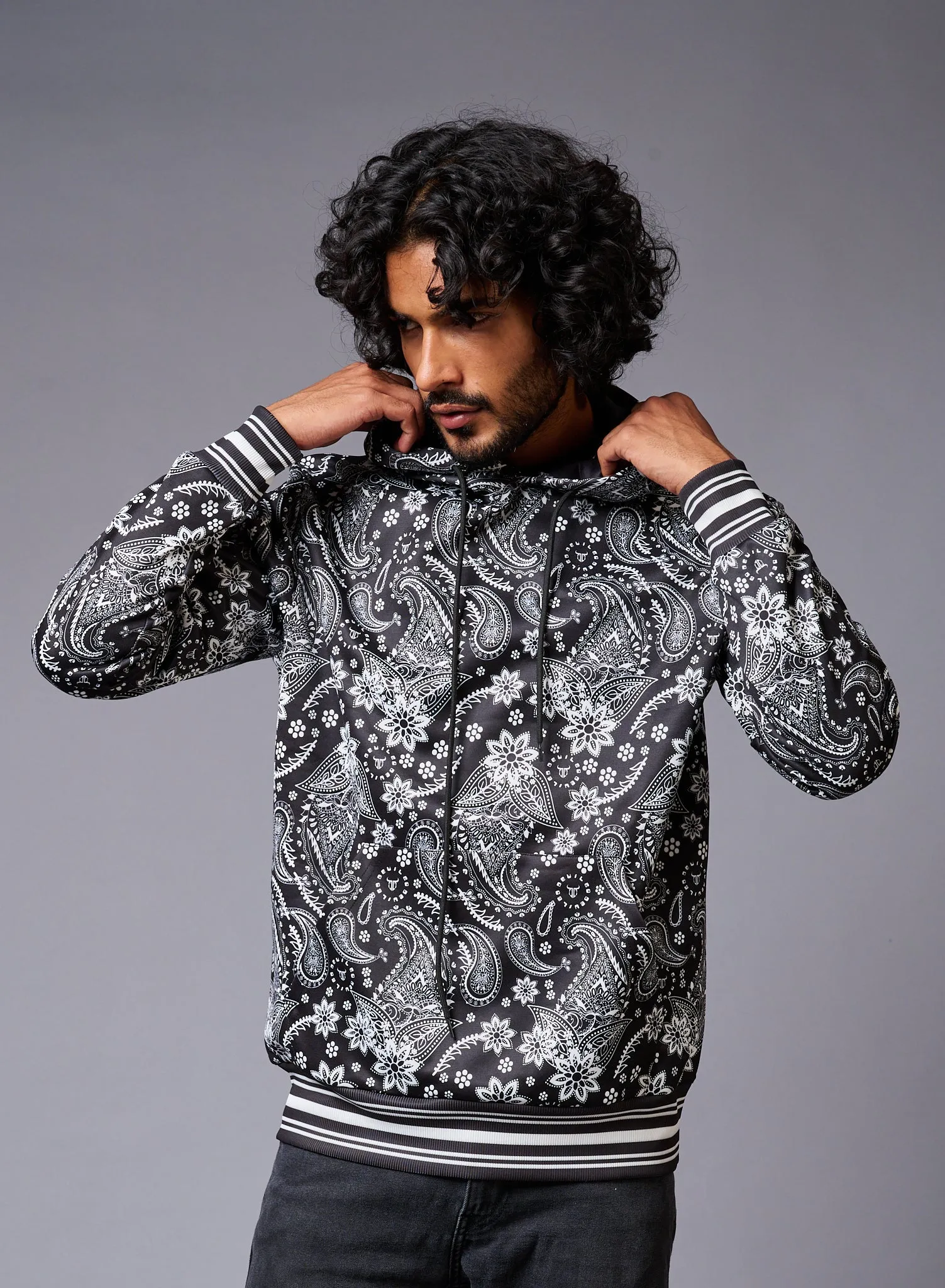 Paisely Design Printed Black Hoodie for Men