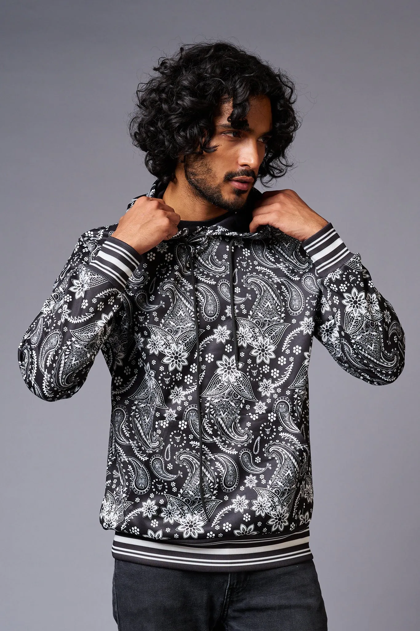 Paisely Design Printed Black Hoodie for Men