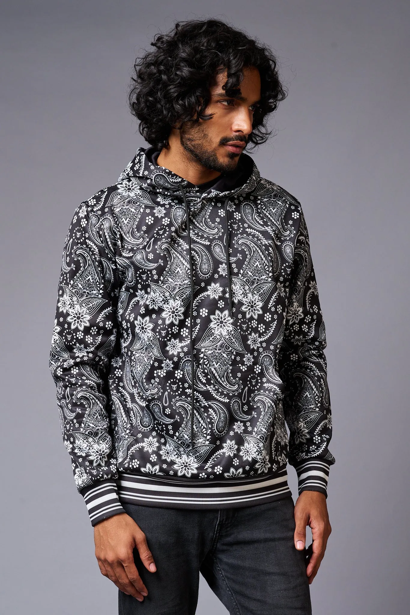 Paisely Design Printed Black Hoodie for Men