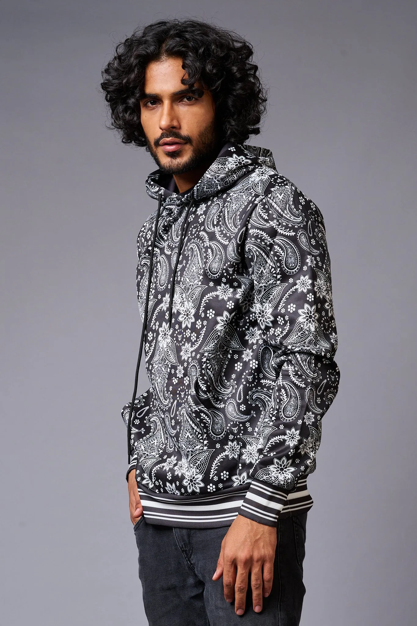 Paisely Design Printed Black Hoodie for Men