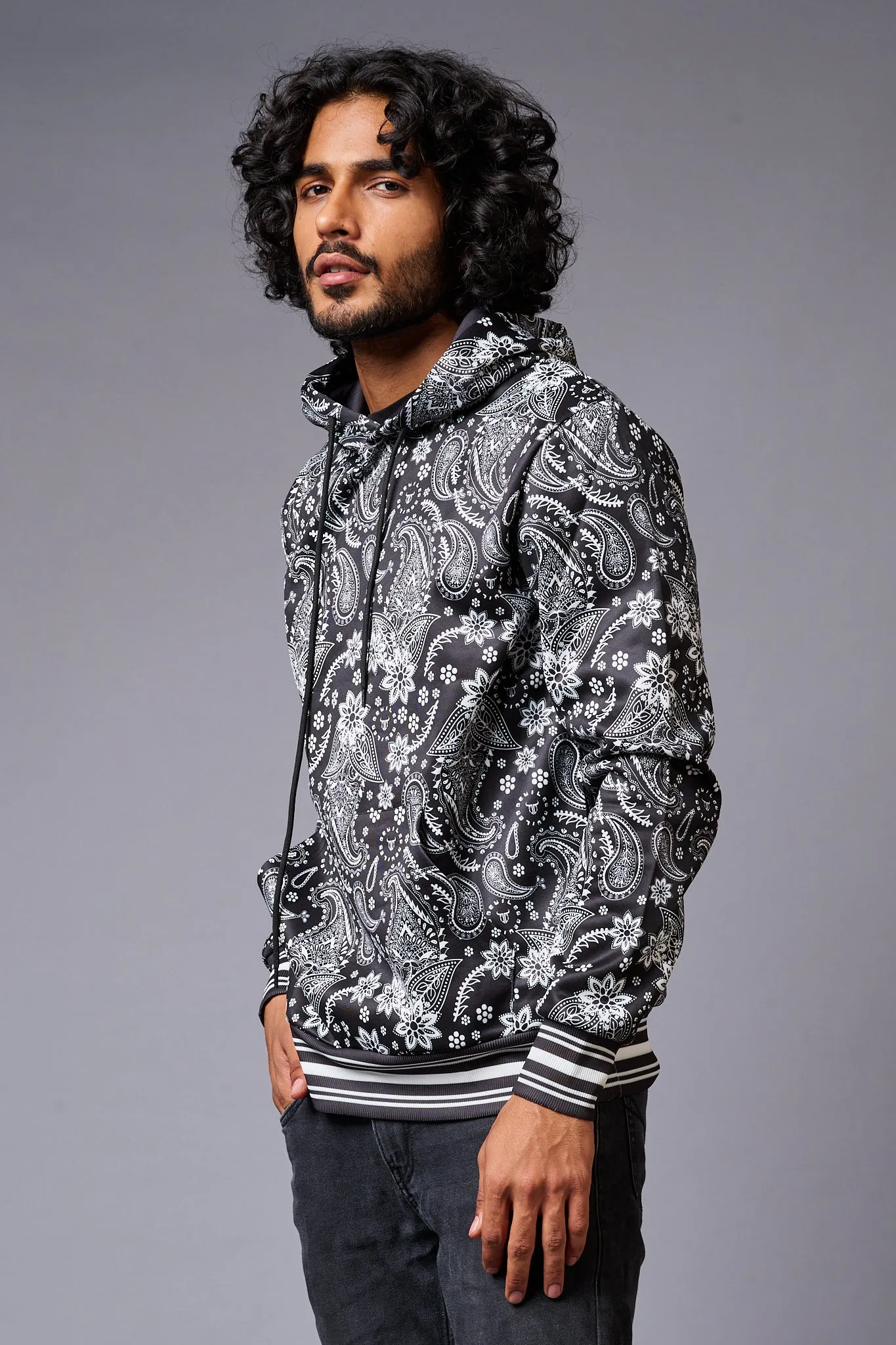 Paisely Design Printed Black Hoodie for Men