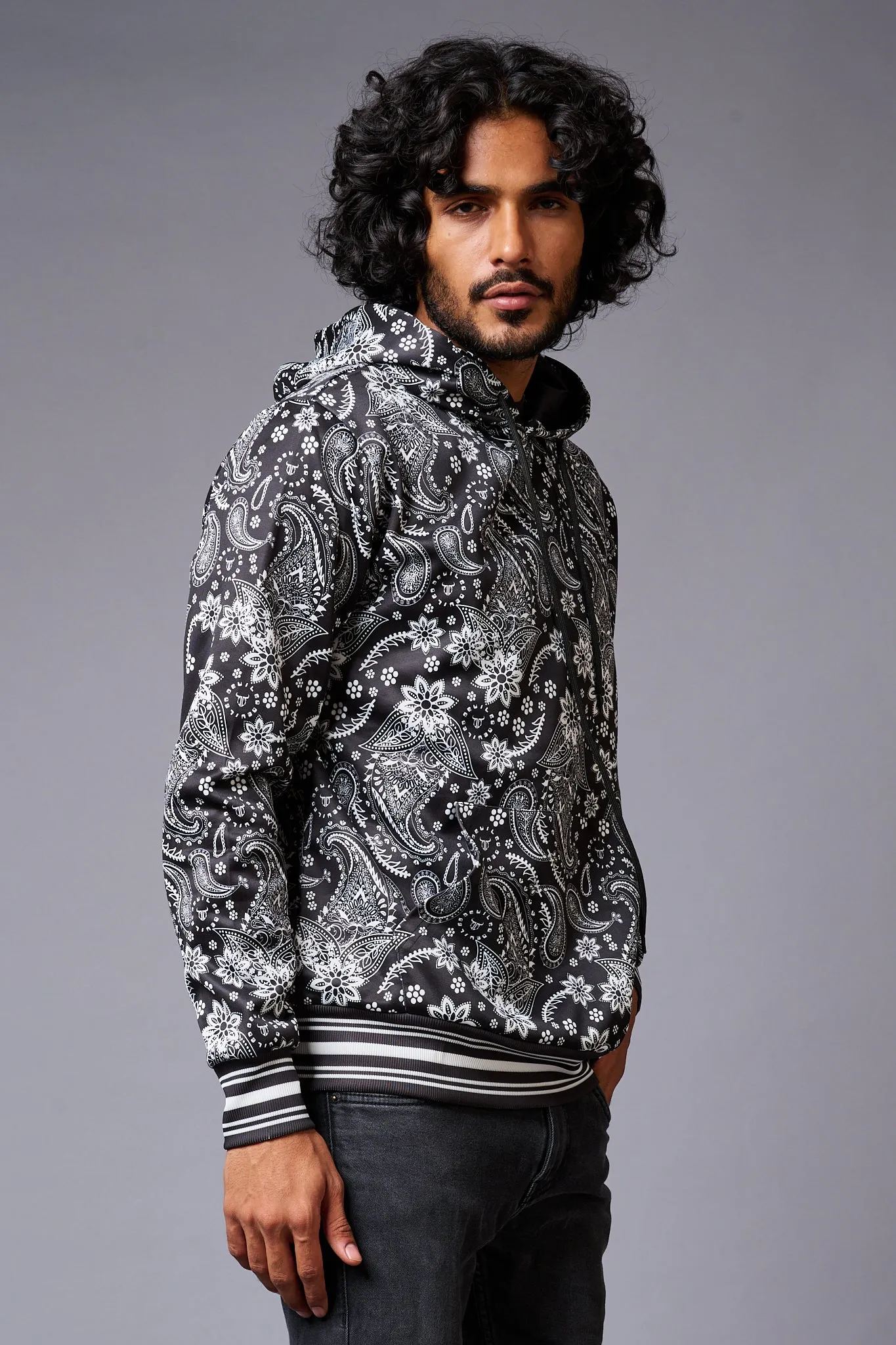 Paisely Design Printed Black Hoodie for Men