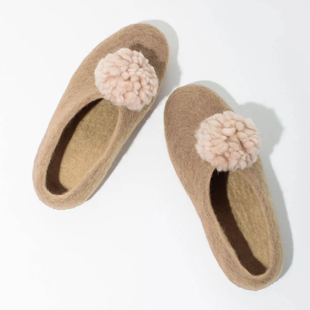 SALE - Pom Pom Felt Slippers - Champagne