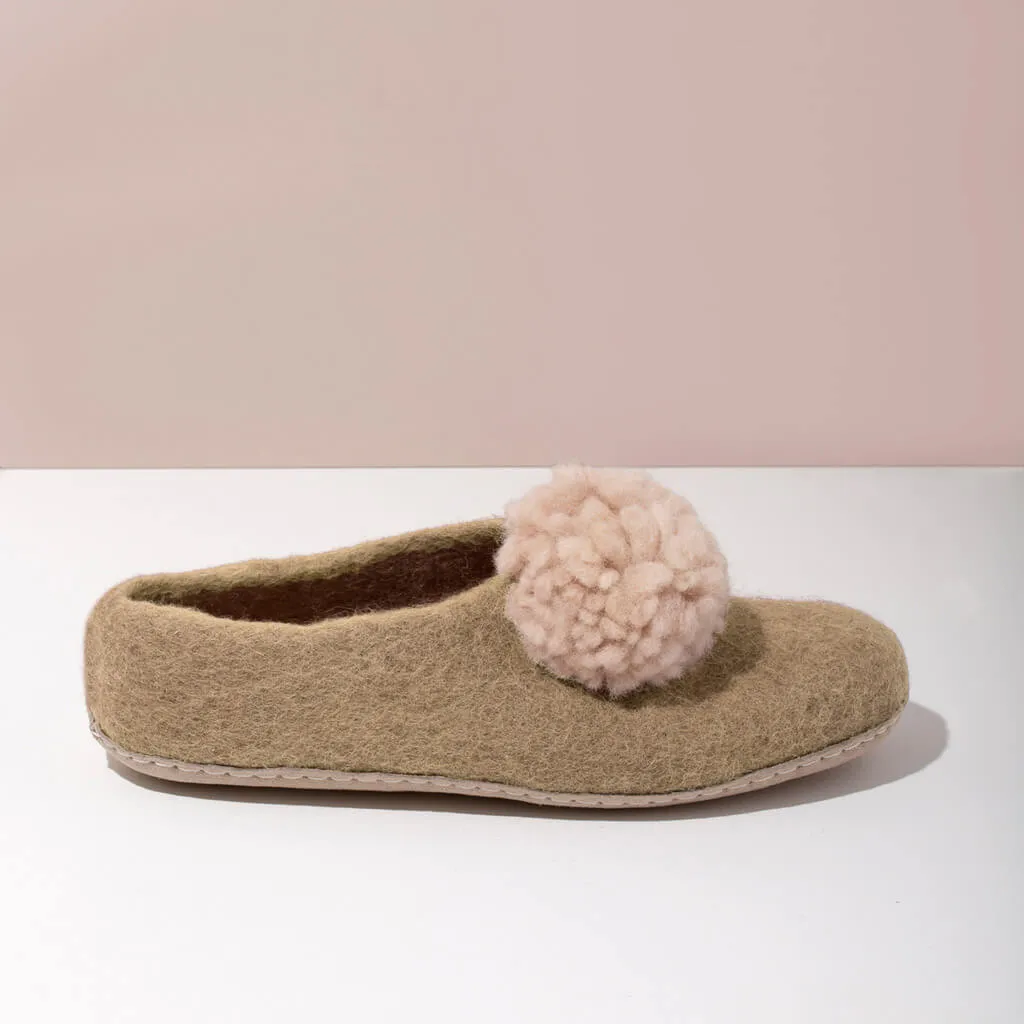 SALE - Pom Pom Felt Slippers - Champagne