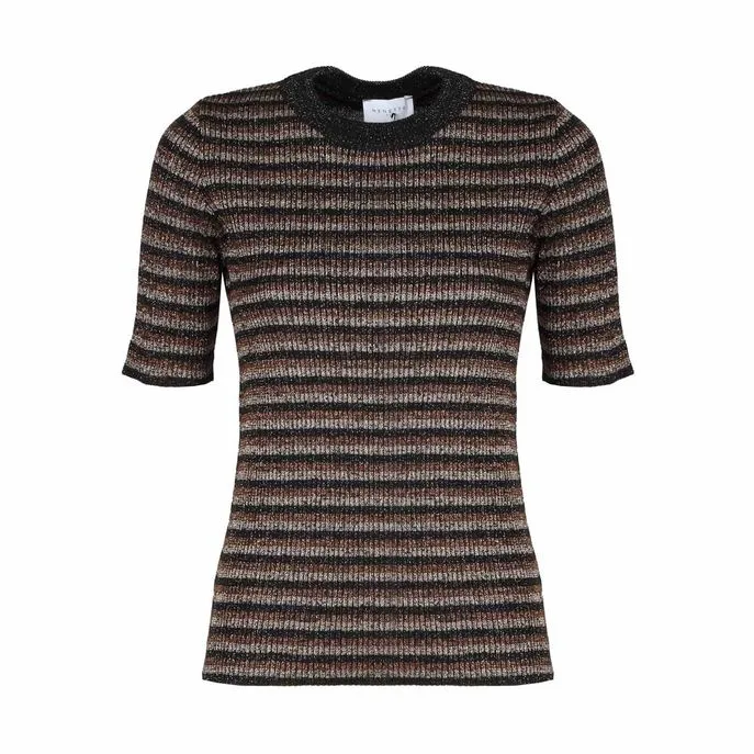 SHORT SLEEVE STRIPED SWEATER WITH LAME' EFFECT Woman Black Beige