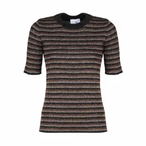 SHORT SLEEVE STRIPED SWEATER WITH LAME' EFFECT Woman Black Beige