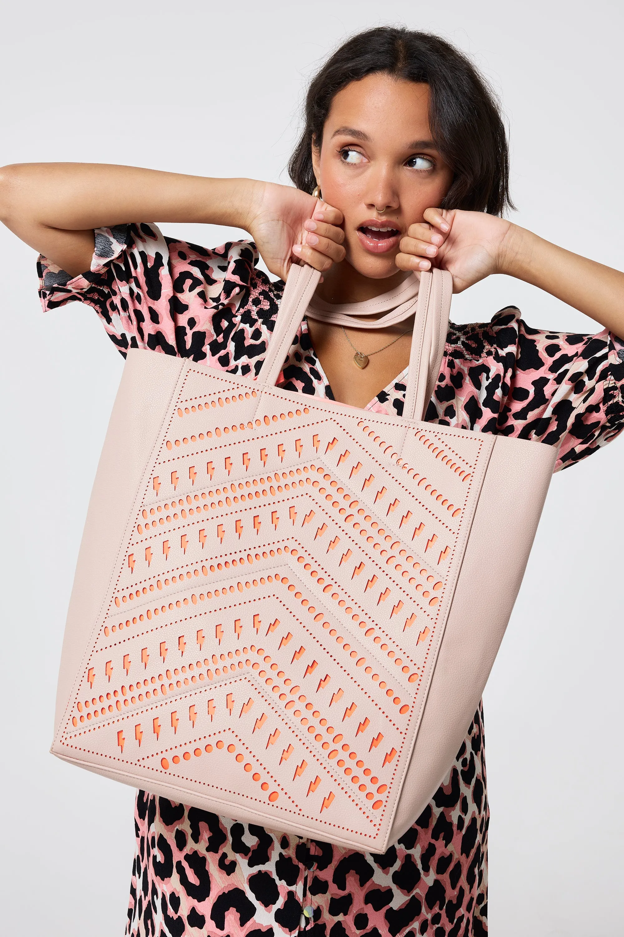 Taupe with Neon Coral Lightning Bolt Laser Cut Tote Bag