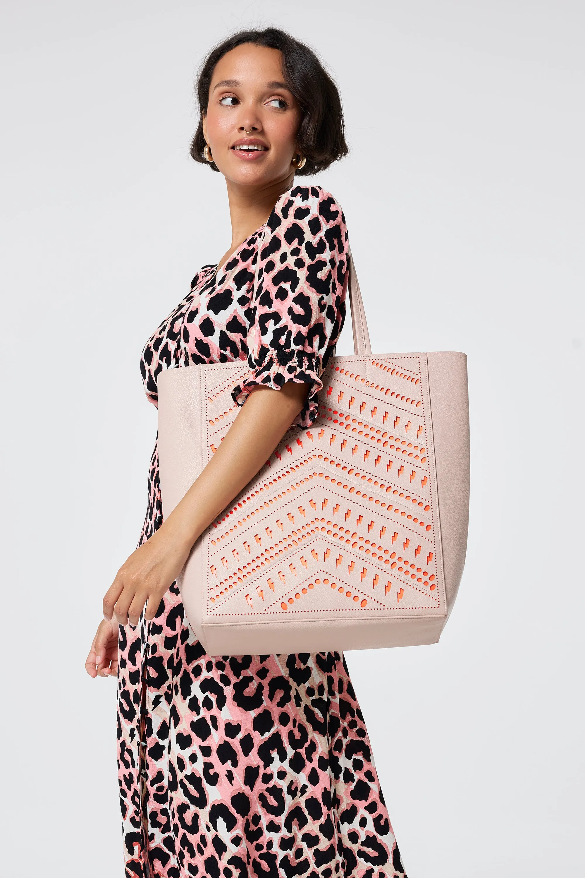 Taupe with Neon Coral Lightning Bolt Laser Cut Tote Bag