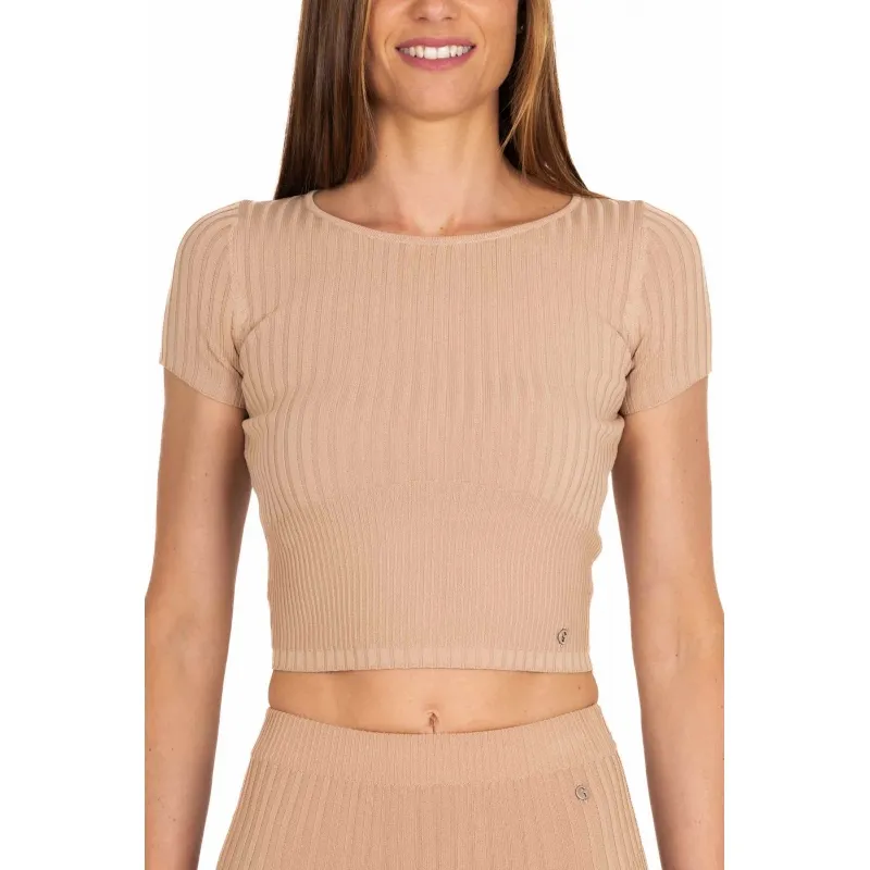 TOP CROPPED IN MAGLIA A COSTINE, BEIGE