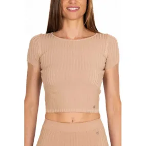 TOP CROPPED IN MAGLIA A COSTINE, BEIGE