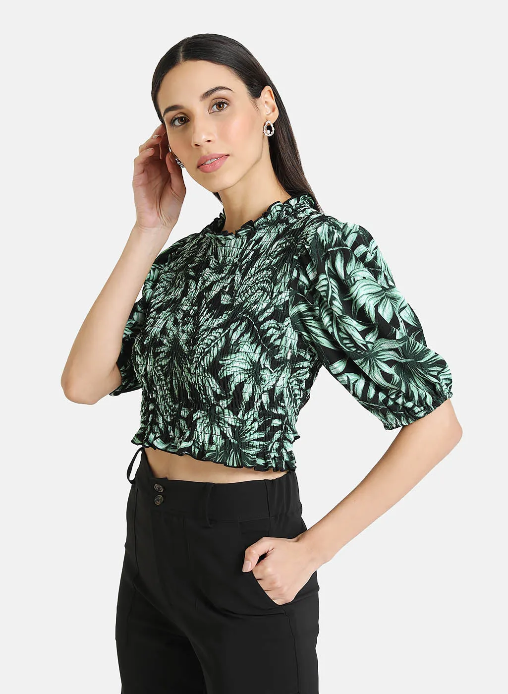 Tropical Print Smocked Top