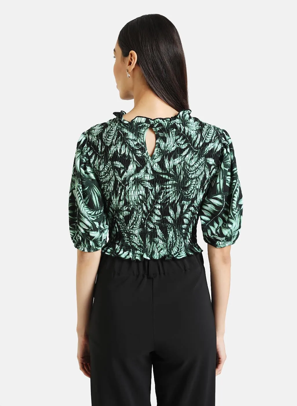 Tropical Print Smocked Top