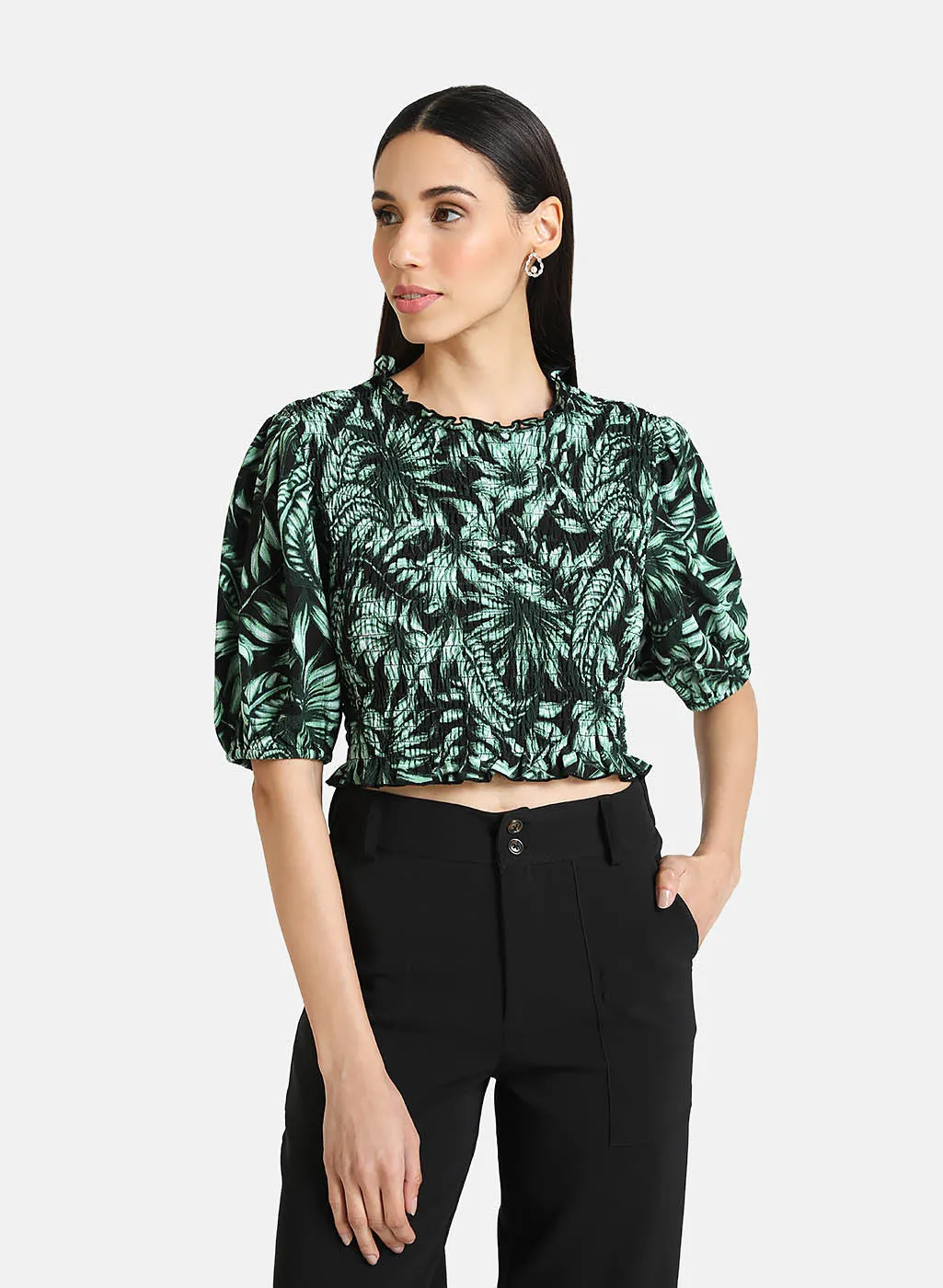 Tropical Print Smocked Top