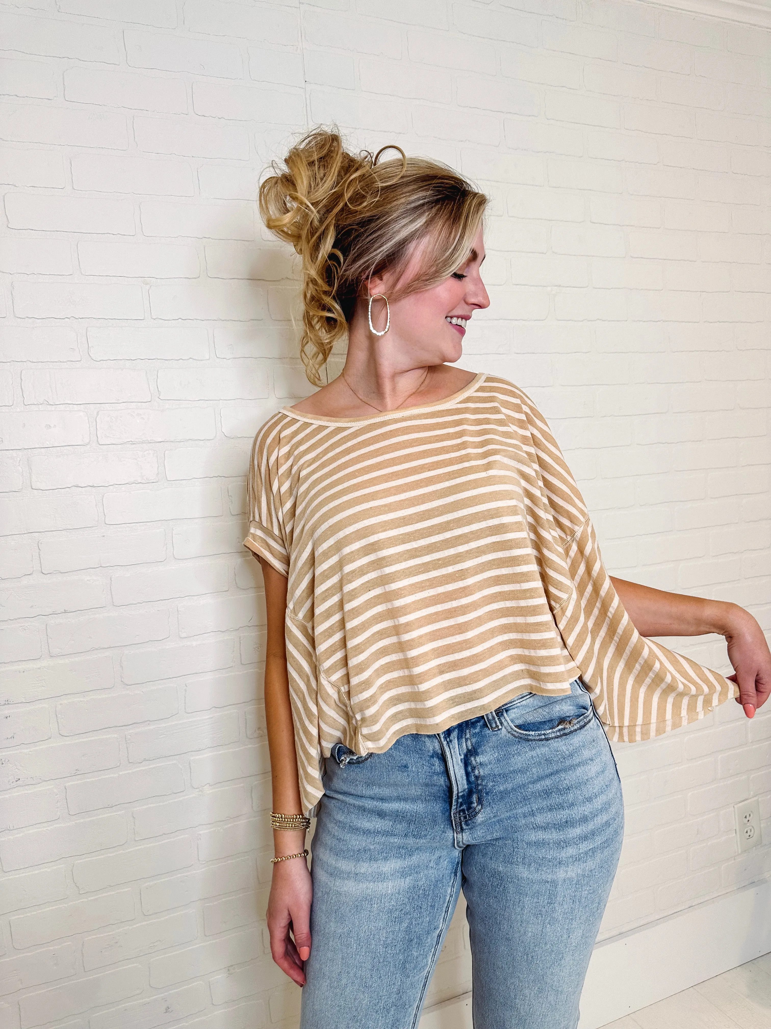 Twinkle In Your Eye Striped Cropped Top-- Tan