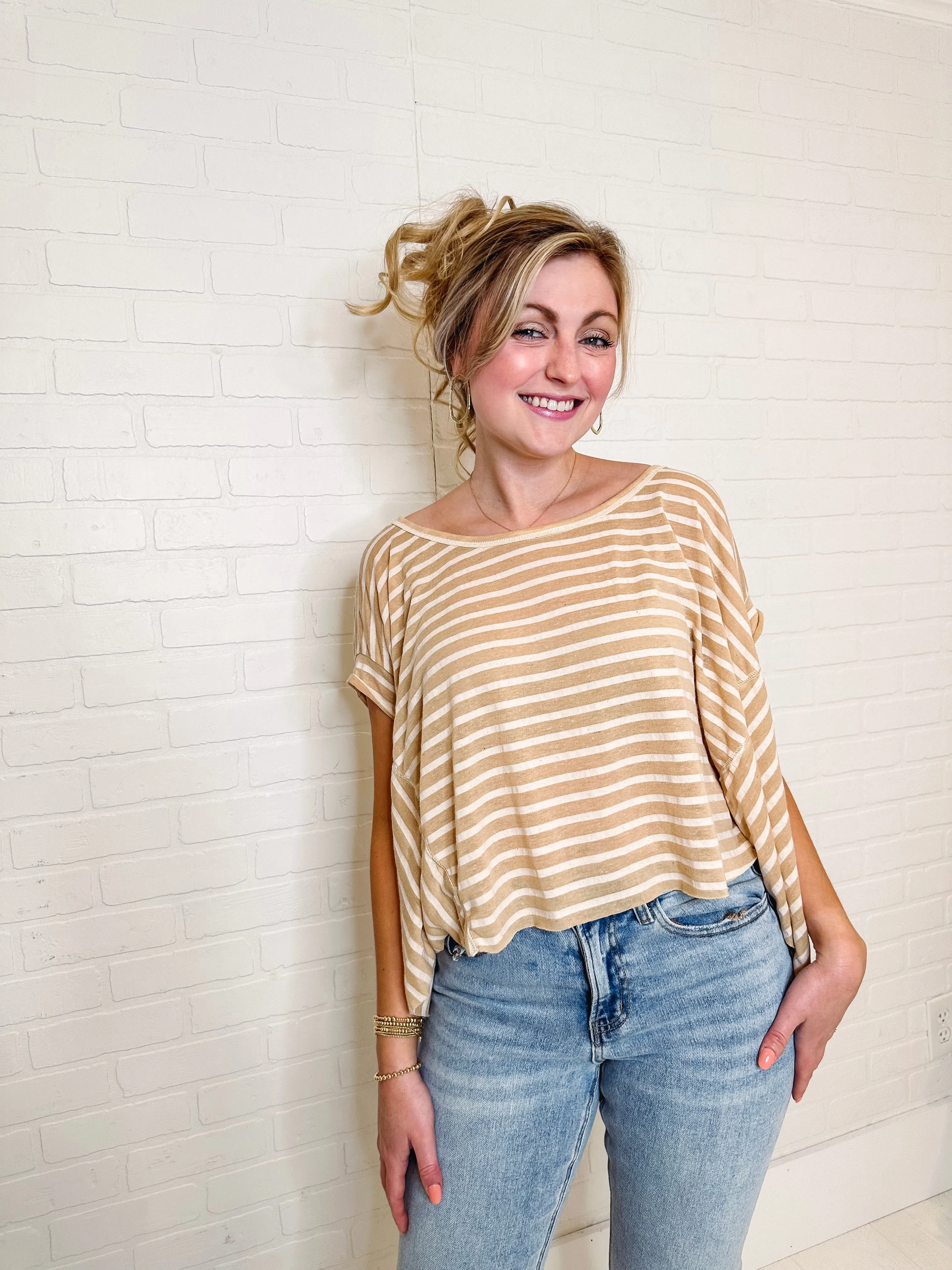 Twinkle In Your Eye Striped Cropped Top-- Tan