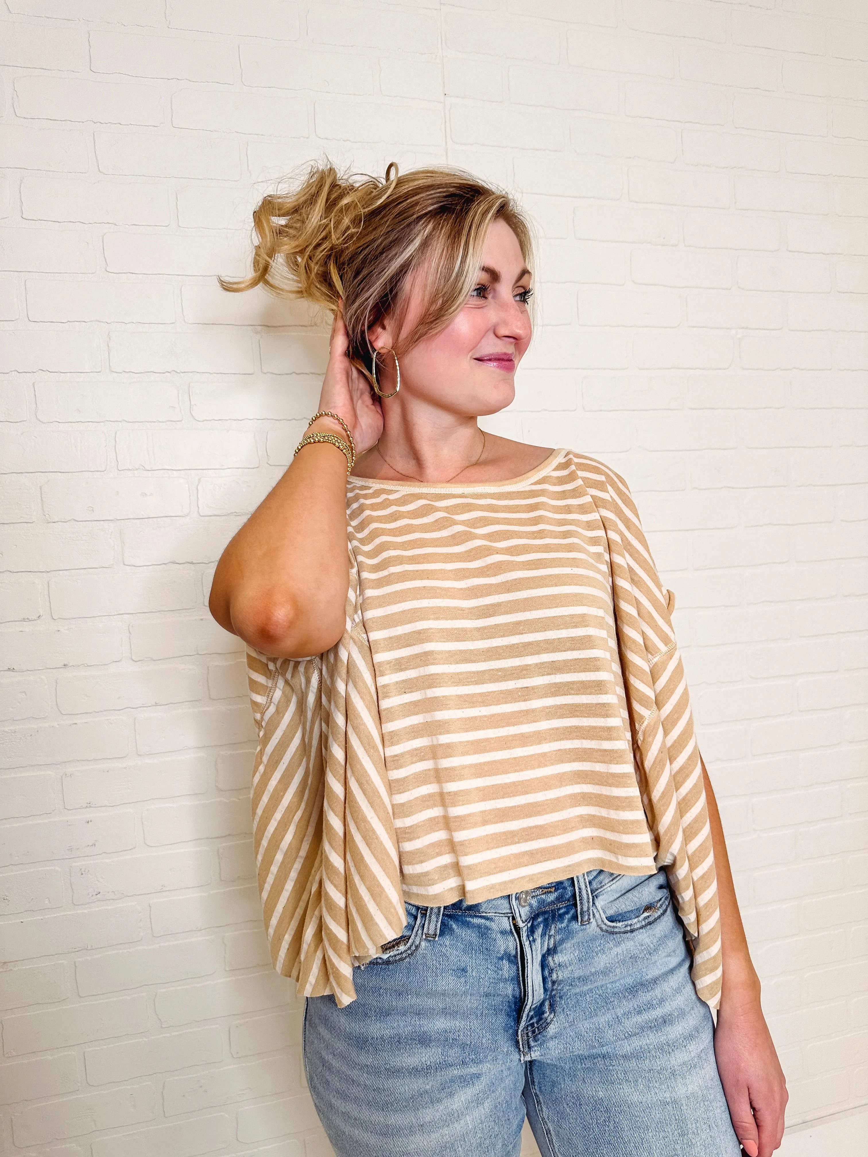 Twinkle In Your Eye Striped Cropped Top-- Tan