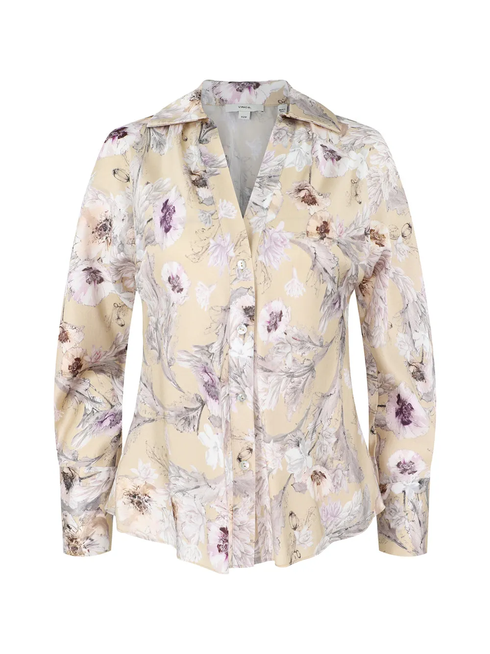 Vince Wild Flower Long-Sleeve Bias Blouse in Sand