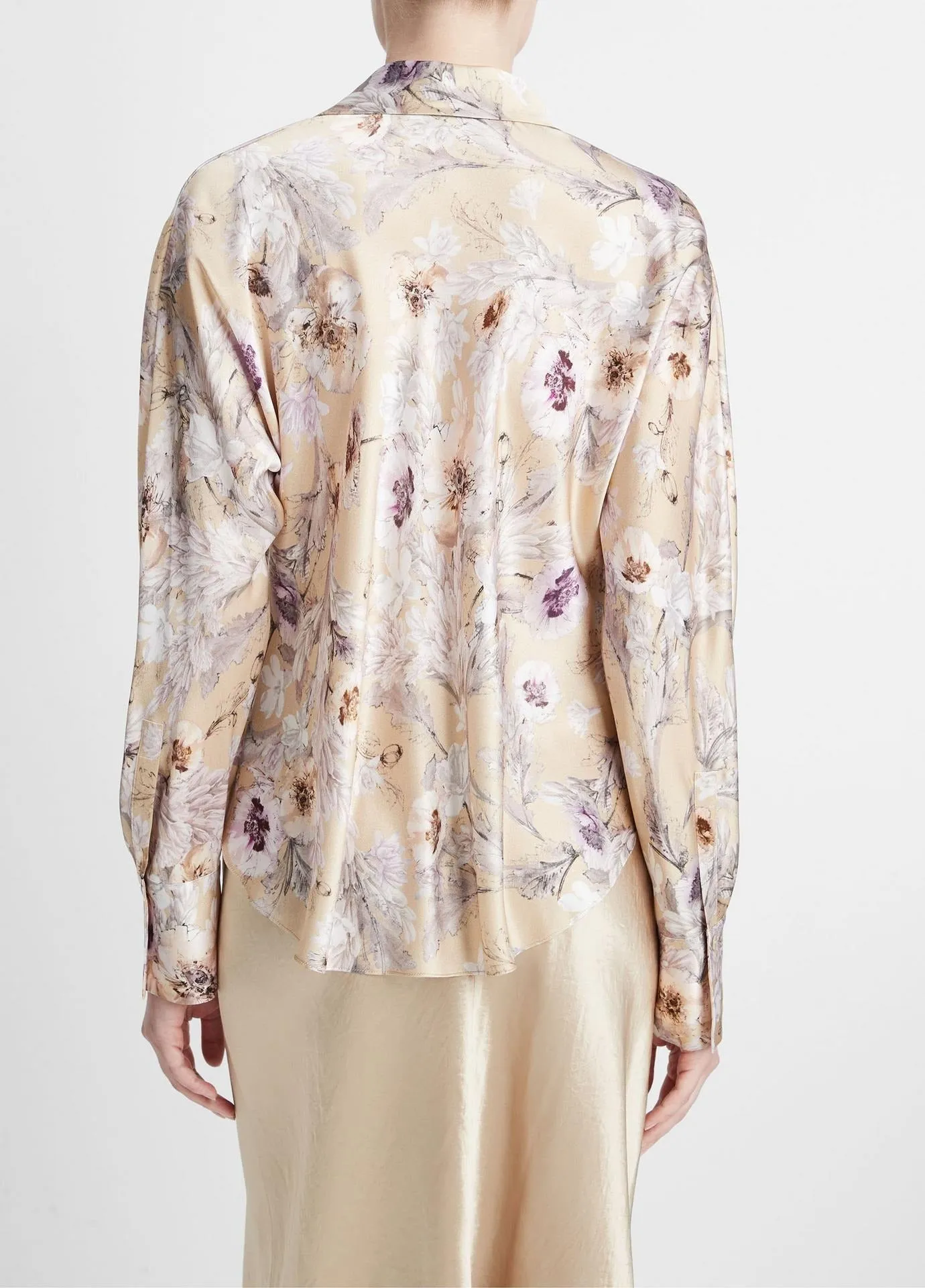 Vince Wild Flower Long-Sleeve Bias Blouse in Sand