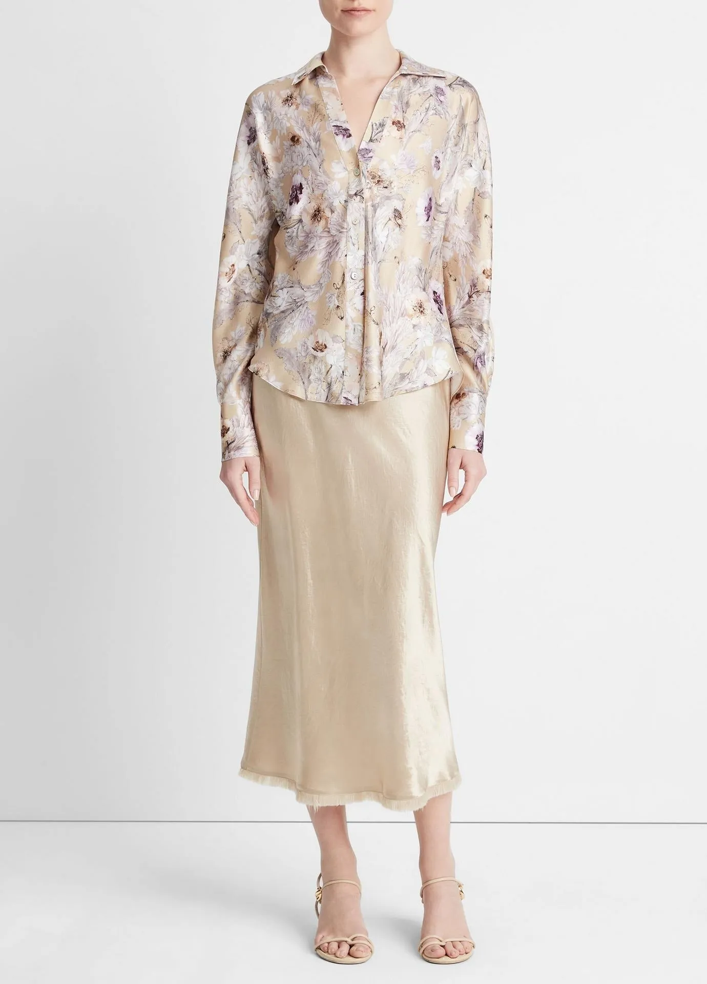 Vince Wild Flower Long-Sleeve Bias Blouse in Sand