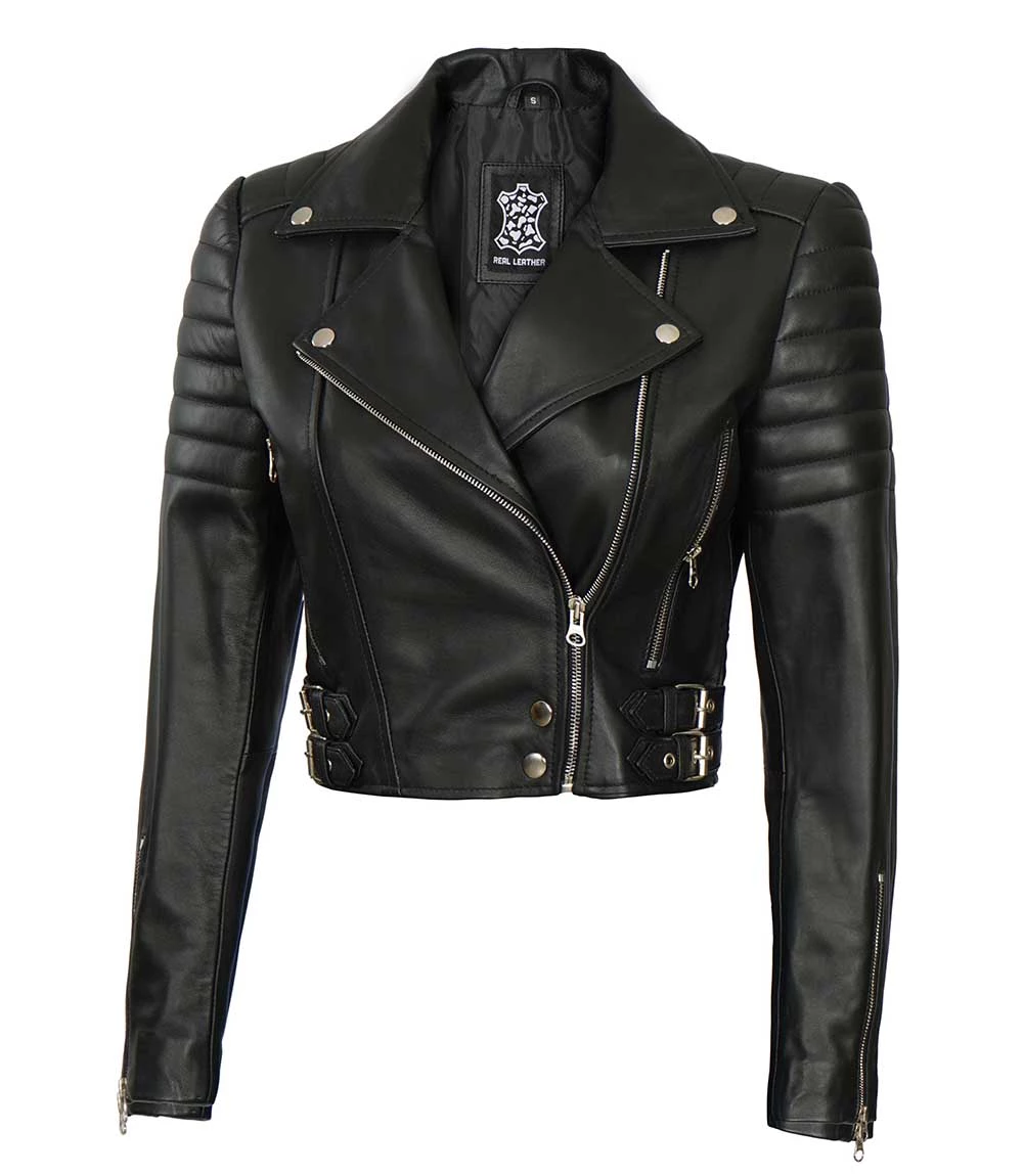 Women's Black Cropped Leather Moto Jacket with Padded Shoulders & Sleeves