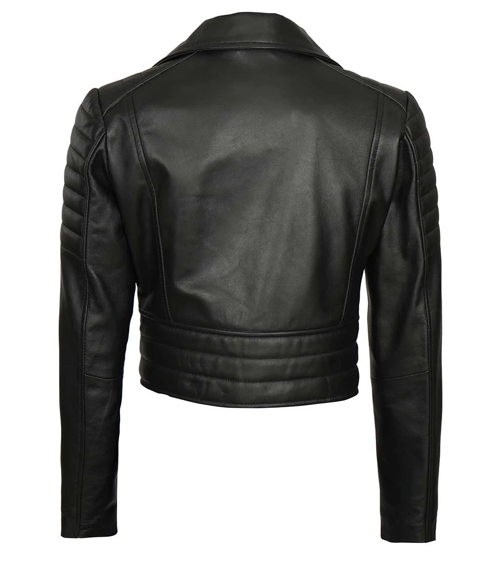 Women's Black Cropped Leather Moto Jacket with Padded Shoulders & Sleeves