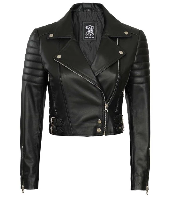 Women's Black Cropped Leather Moto Jacket with Padded Shoulders & Sleeves