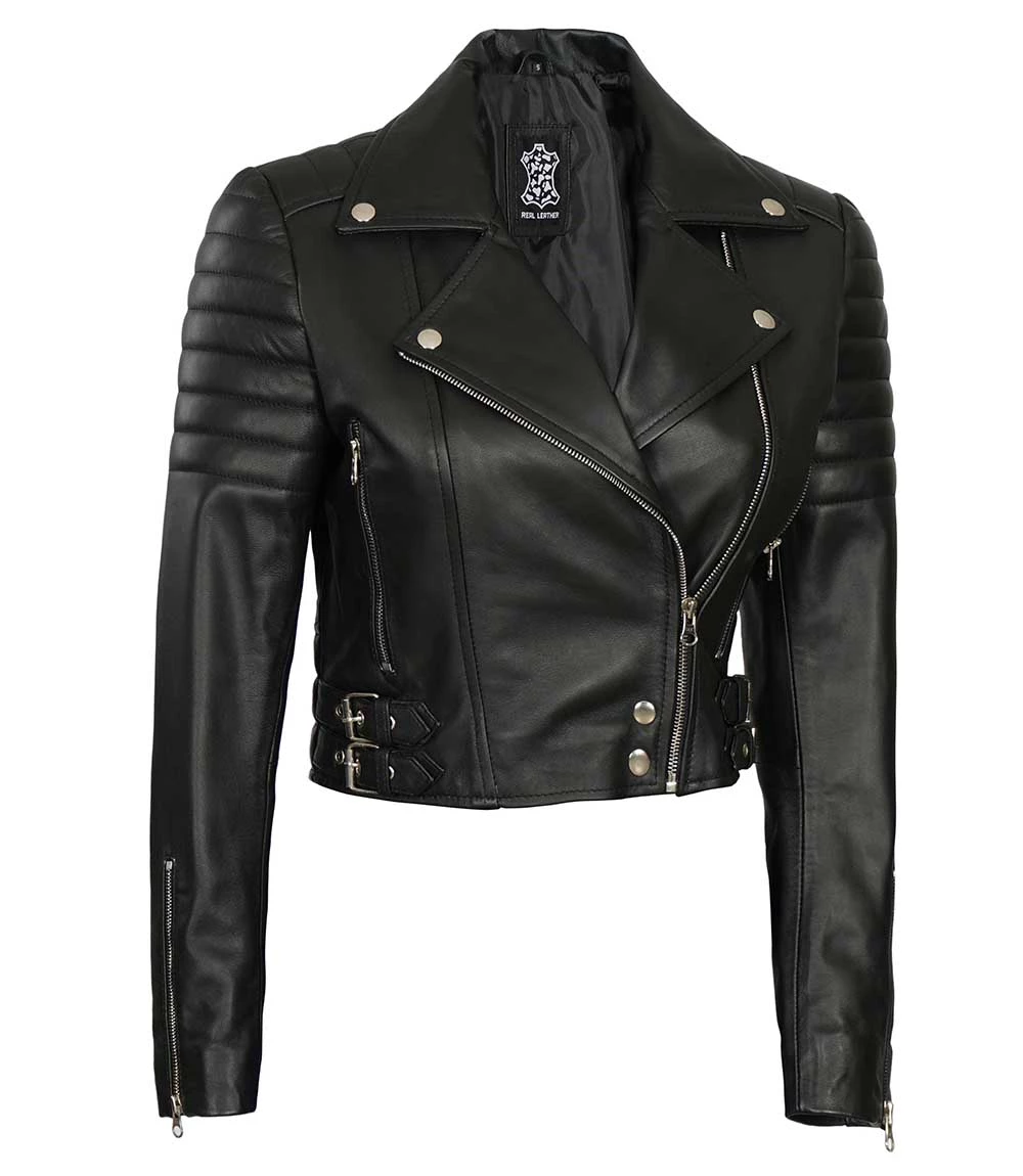 Women's Black Cropped Leather Moto Jacket with Padded Shoulders & Sleeves